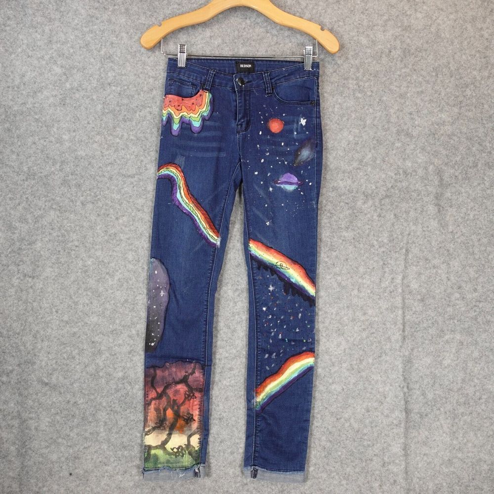 Whimsy Handpainted Jeans Girls 14 Blue Denim Rainbow‎ Artsy Art HUDSON 26/27